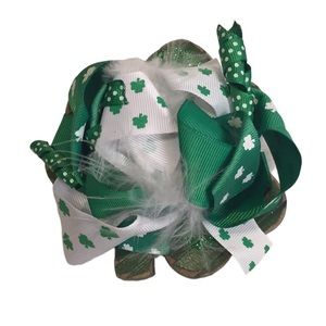 🌿 Shamrock Over the Top Bow ☘️ Hair Bow Accessory Green Feather Spring